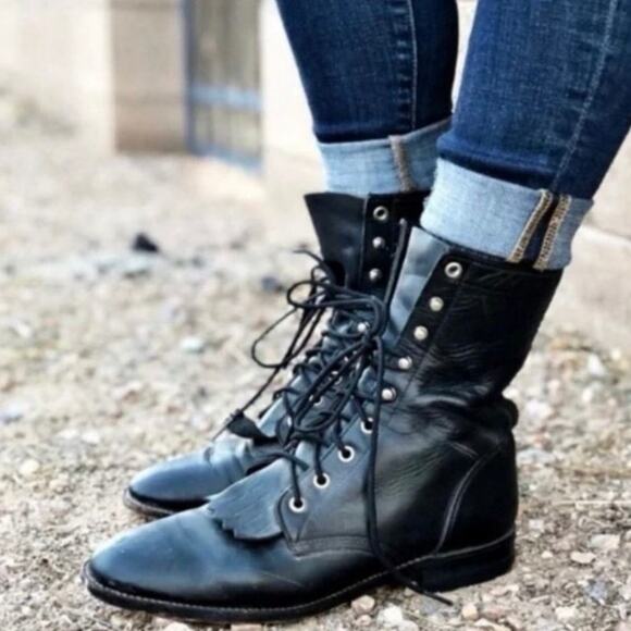 JUSTIN Boot Women's 6.5 Lace Up Roper Kiltie Boot Black Steampunk Cowgirl Combat - Picture 14 of 14